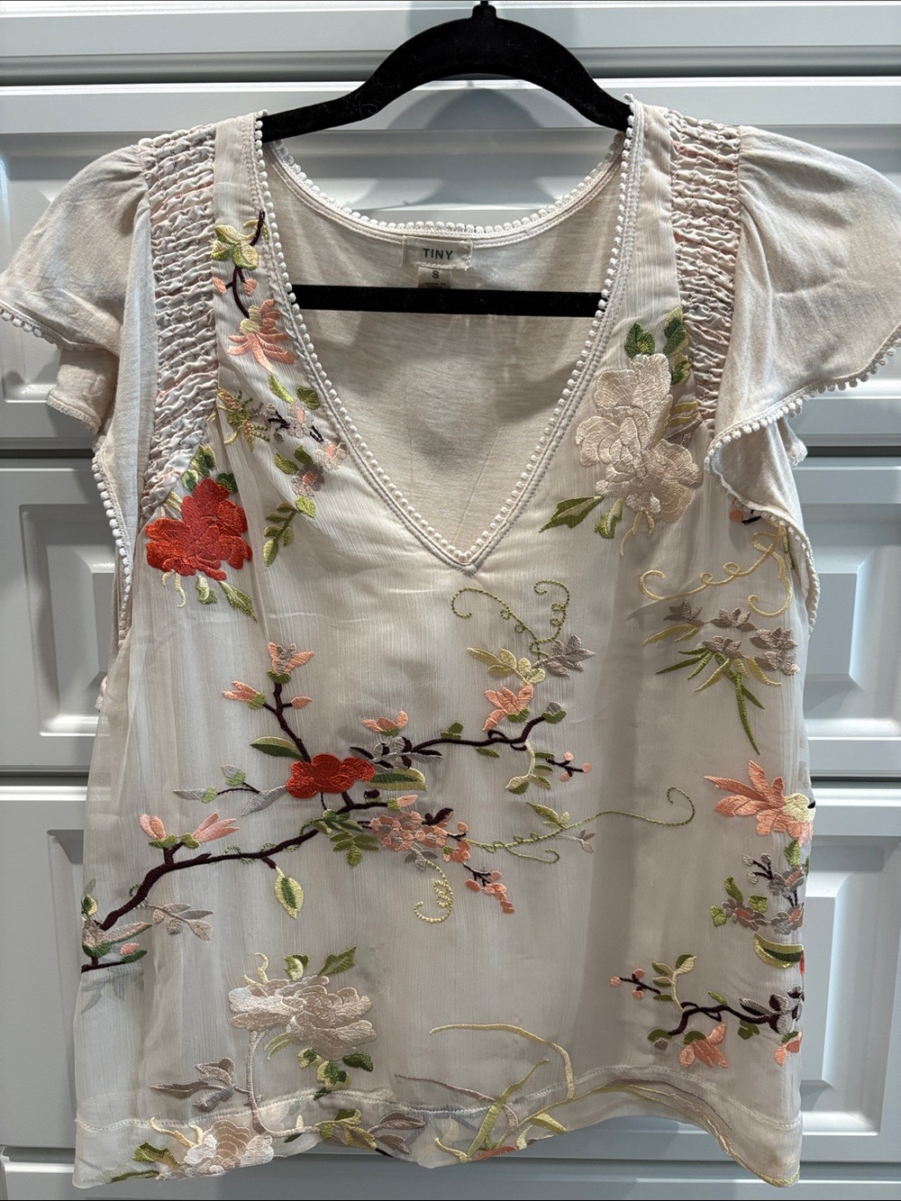 Embroidered White V-Neck Floral Blouse by Tiny